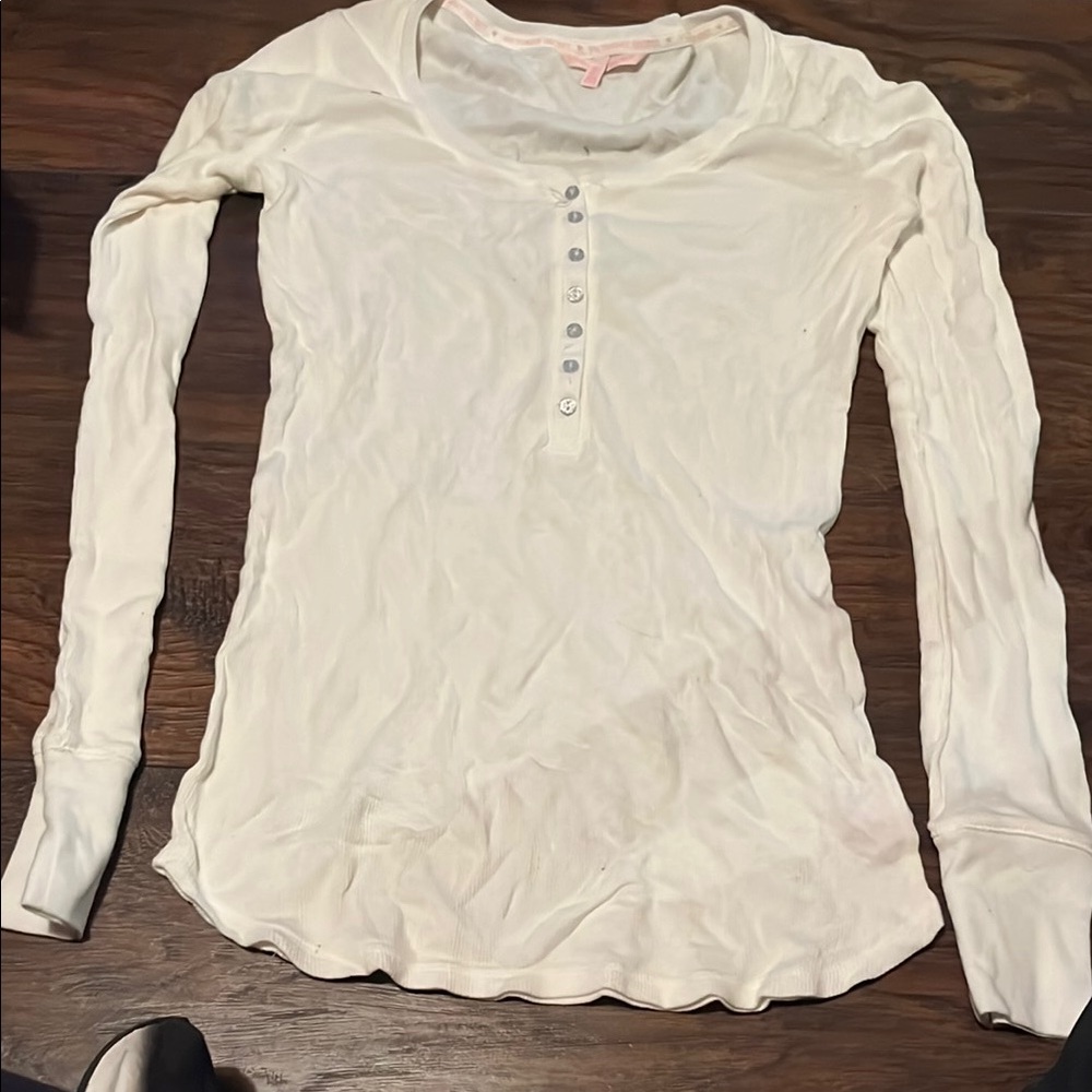 Victoria's Secret Cream Long Sleeve Fitted Blouse with Polo Collar
